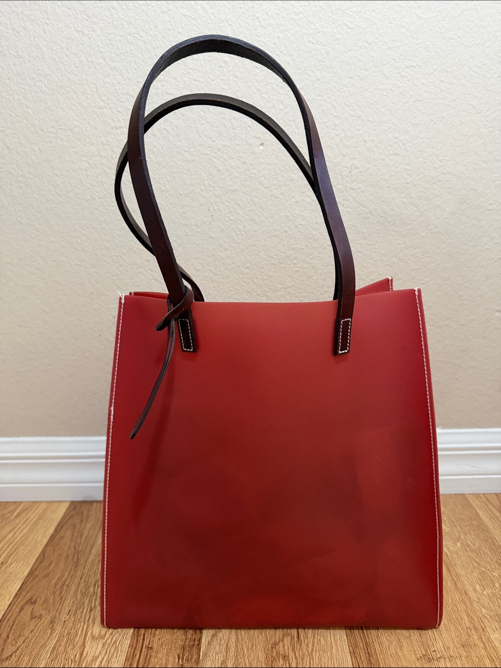 🛑SOLD Red Leather Tote Bag with Dark Brown Straps
